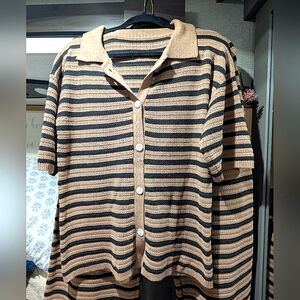 Striped Button-Up Sweater and Pants Set - Tan and Black